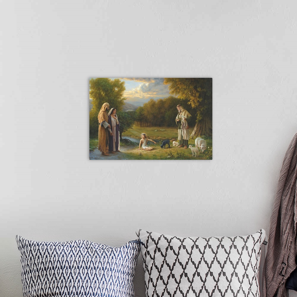 A bohemian room featuring Beautiful landscape with Christ and his family picking out a sheep.