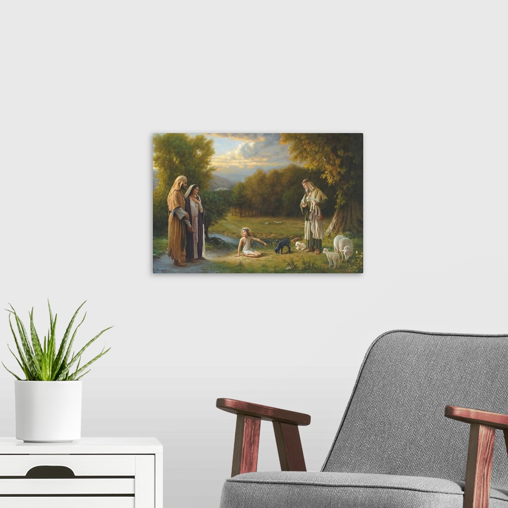A modern room featuring Beautiful landscape with Christ and his family picking out a sheep.
