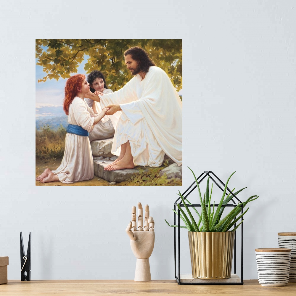 A bohemian room featuring Fine art painting of Jesus talking to children.