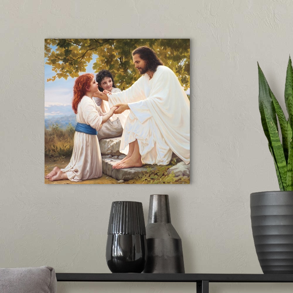 A modern room featuring Fine art painting of Jesus talking to children.
