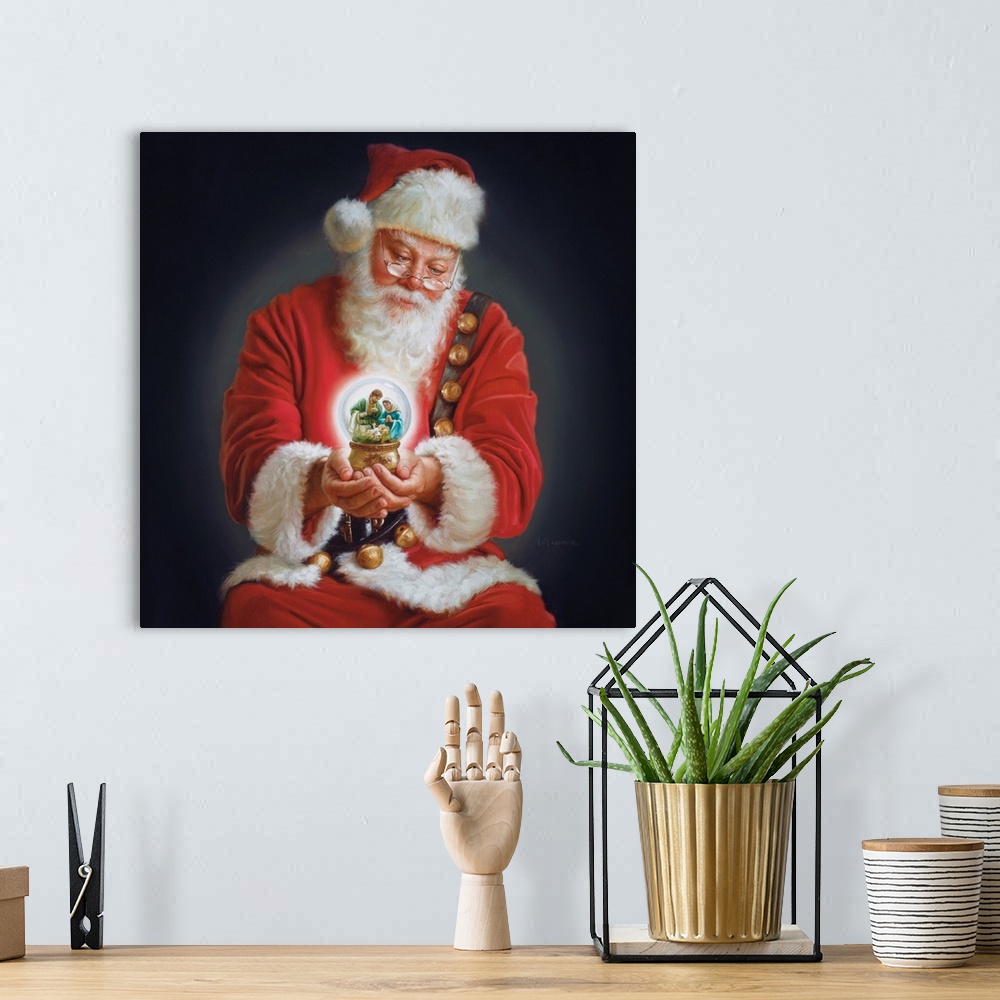 A bohemian room featuring Painting of Santa in a red suit holding a snowglobe.