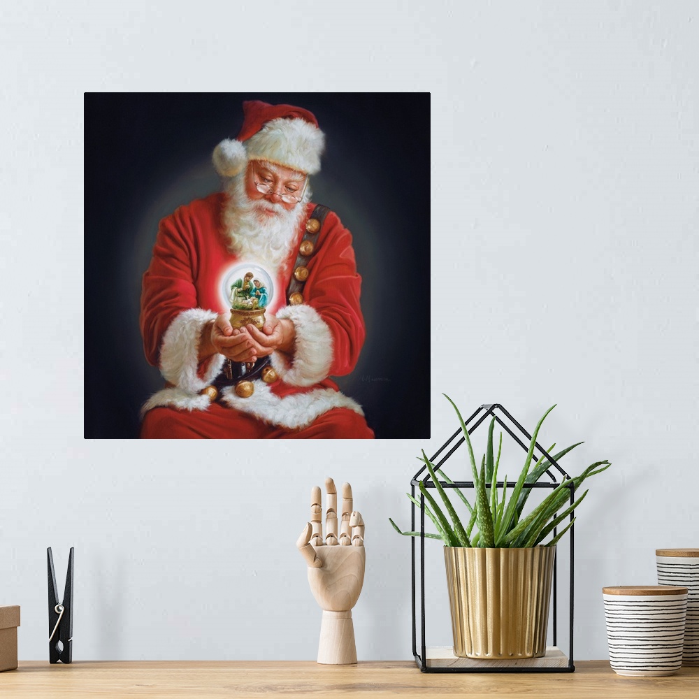 A bohemian room featuring Painting of Santa in a red suit holding a snowglobe.