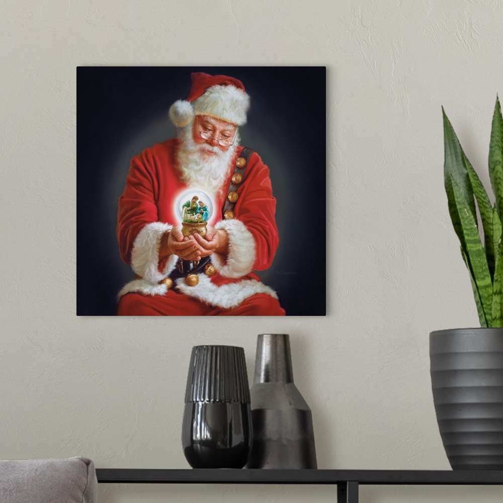 A modern room featuring Painting of Santa in a red suit holding a snowglobe.