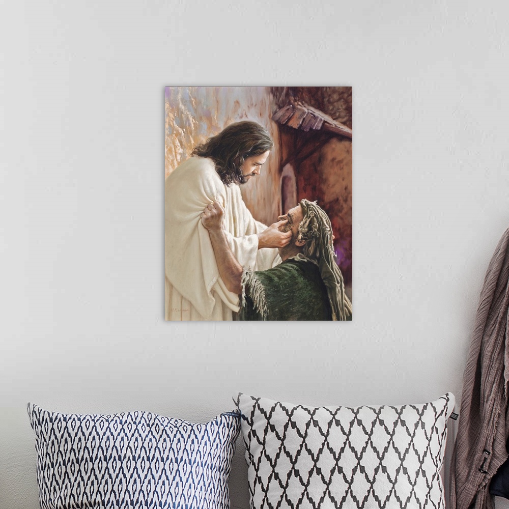 A bohemian room featuring Fine art painting of Jesus rubbing a man's eyes.
