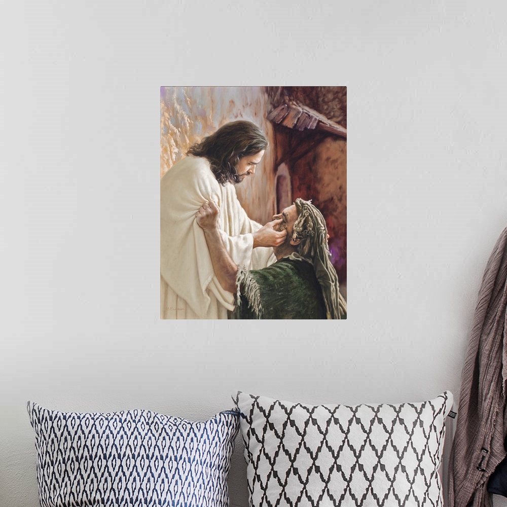 A bohemian room featuring Fine art painting of Jesus rubbing a man's eyes.