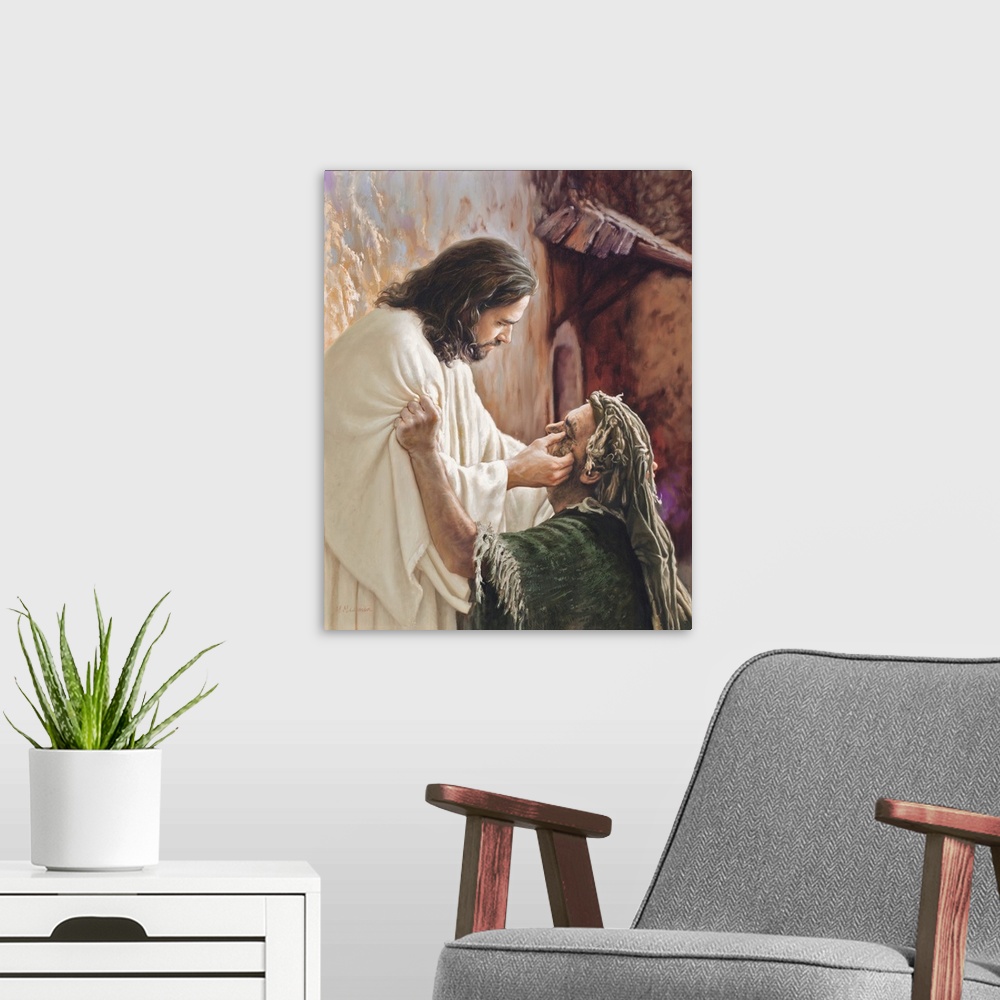 A modern room featuring Fine art painting of Jesus rubbing a man's eyes.