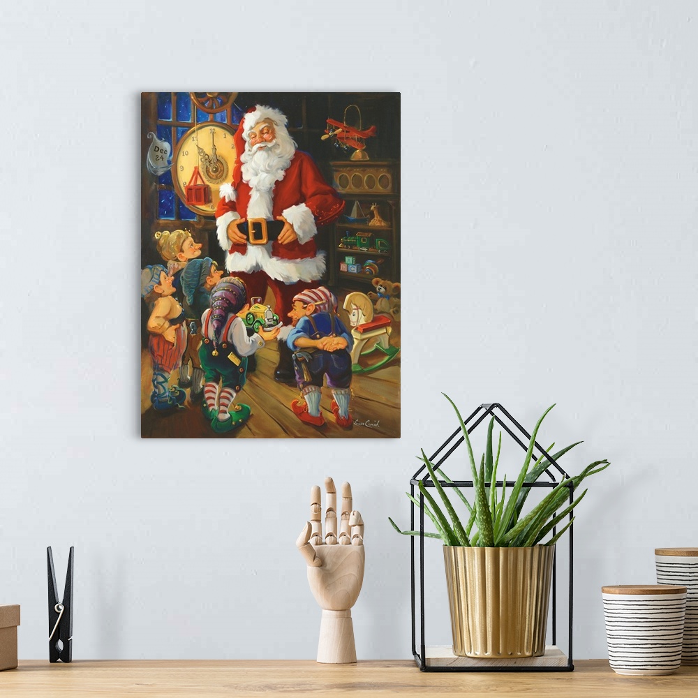 A bohemian room featuring Painting of Santa Claus talking to his elves in the toy workshop.