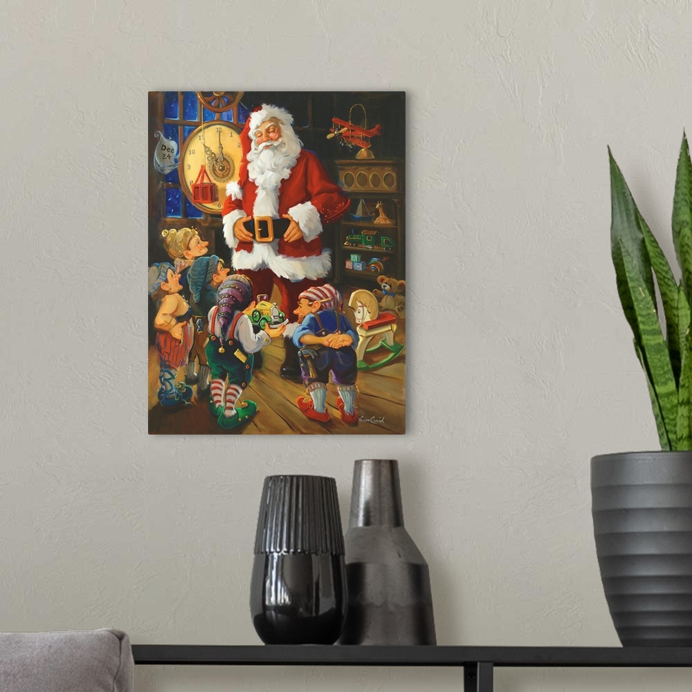 A modern room featuring Painting of Santa Claus talking to his elves in the toy workshop.