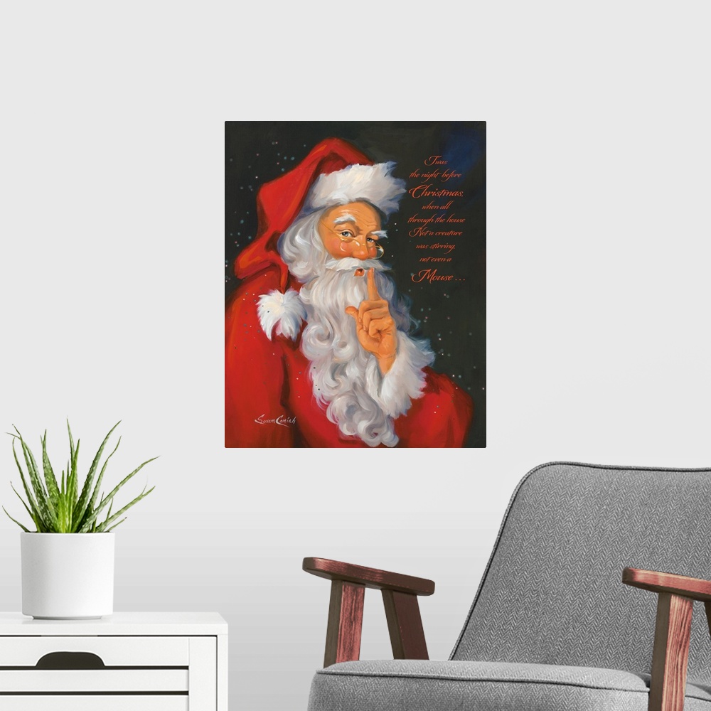 A modern room featuring Portrait of Santa Claus.