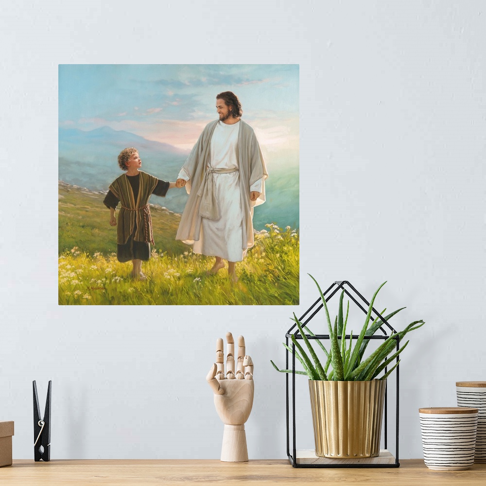 A bohemian room featuring Christ and child walking in a beautiful meadow.