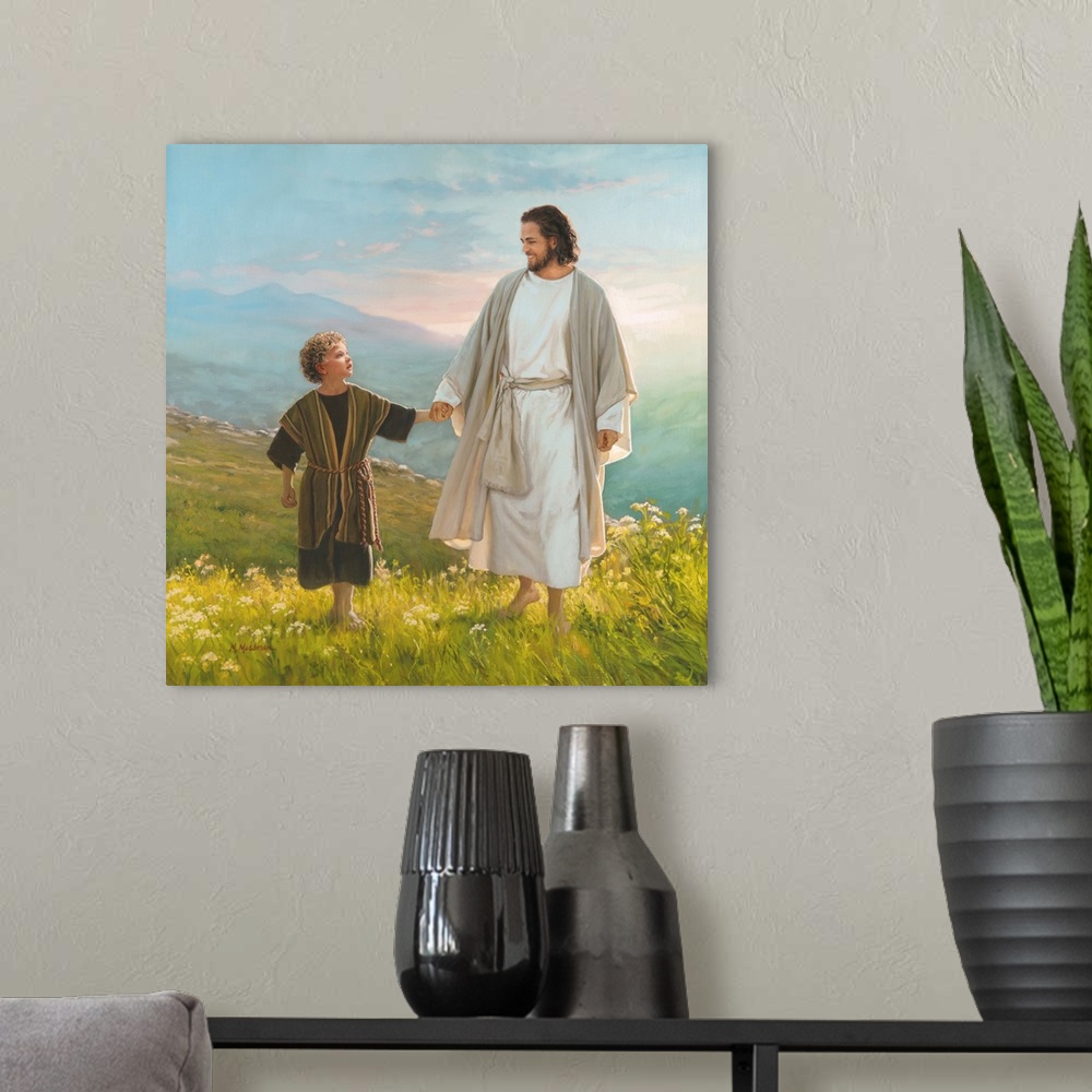 A modern room featuring Christ and child walking in a beautiful meadow.