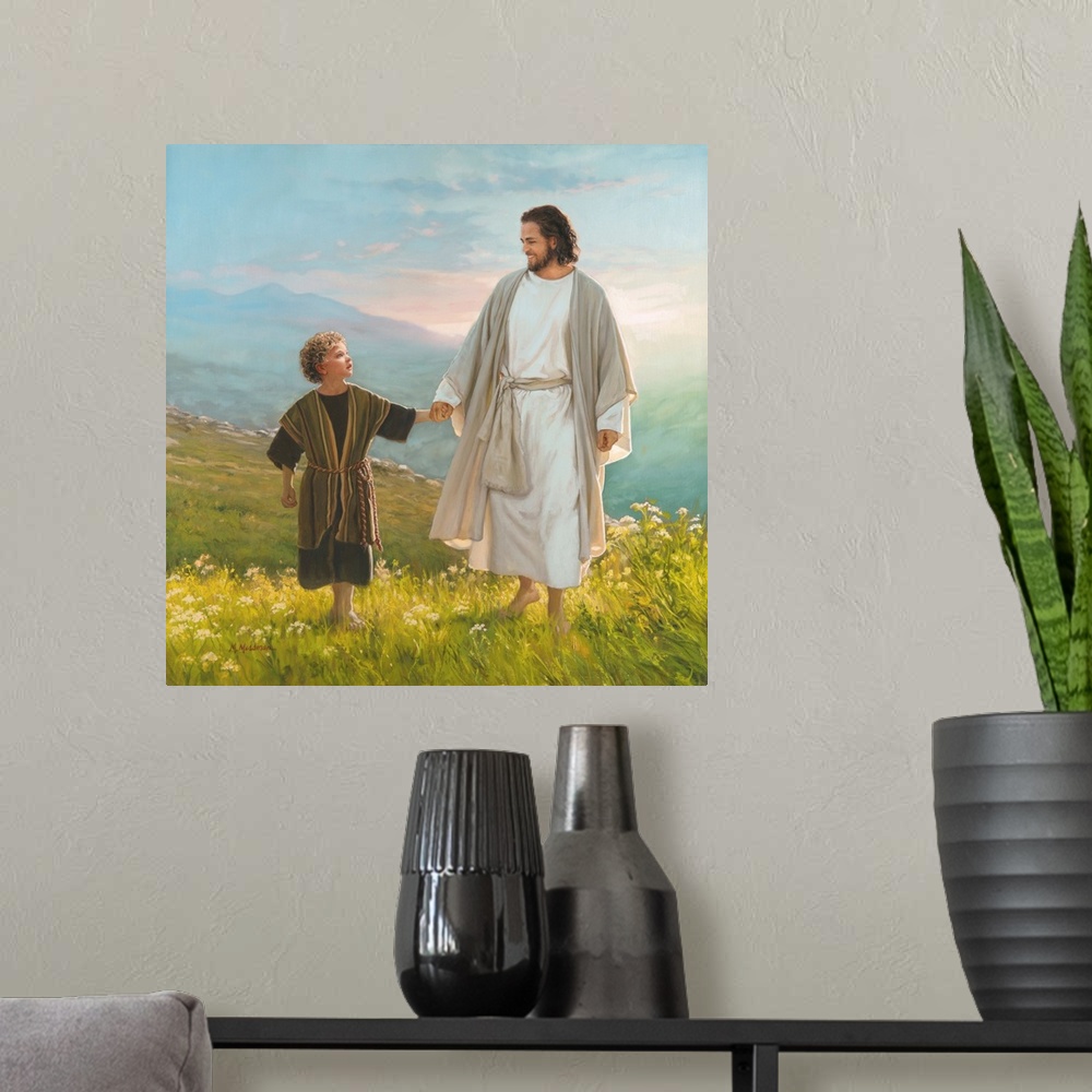 A modern room featuring Christ and child walking in a beautiful meadow.