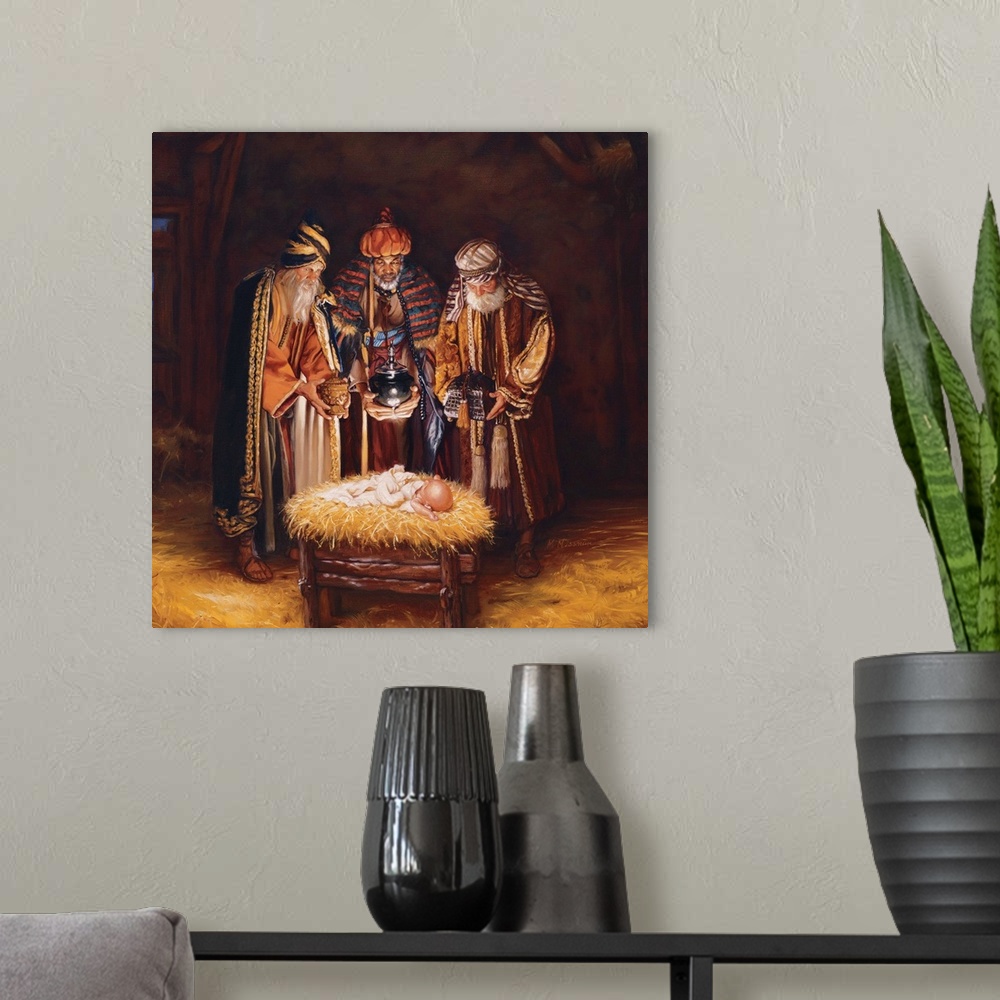 A modern room featuring Religious art of three wise men bringing baby Jesus gifts.