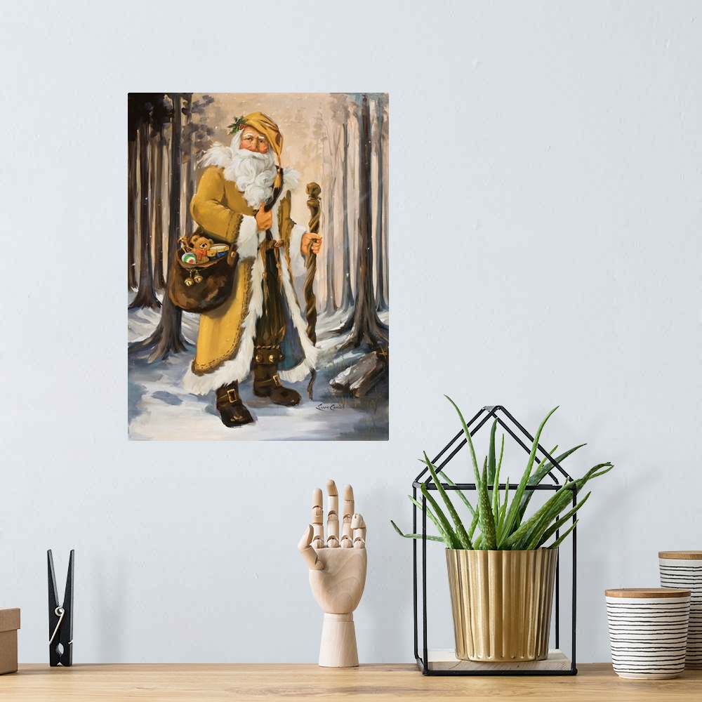 A bohemian room featuring Painting of Santa in a yellow suit walking through the woods.