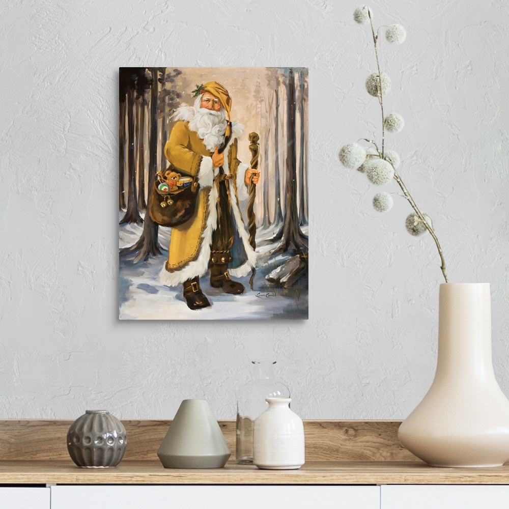 A farmhouse room featuring Painting of Santa in a yellow suit walking through the woods.