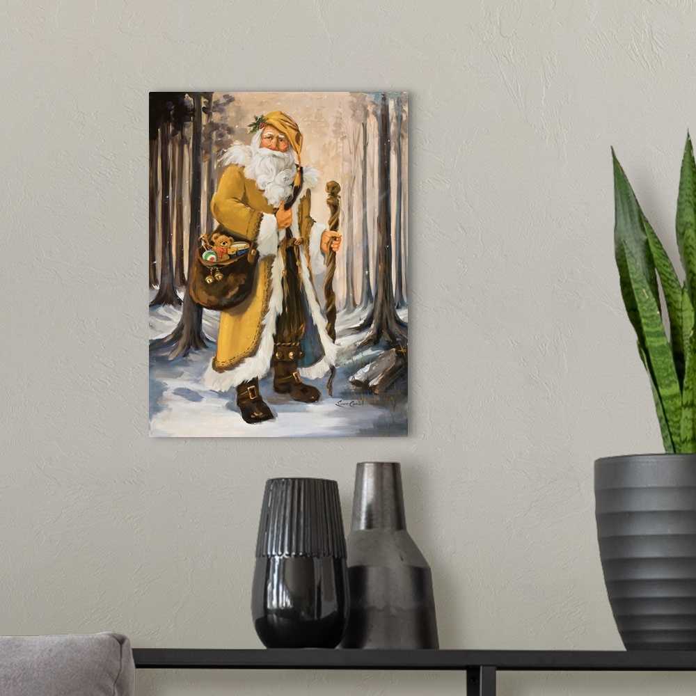 A modern room featuring Painting of Santa in a yellow suit walking through the woods.