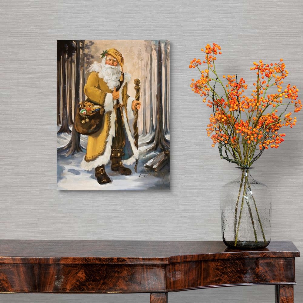 A traditional room featuring Painting of Santa in a yellow suit walking through the woods.