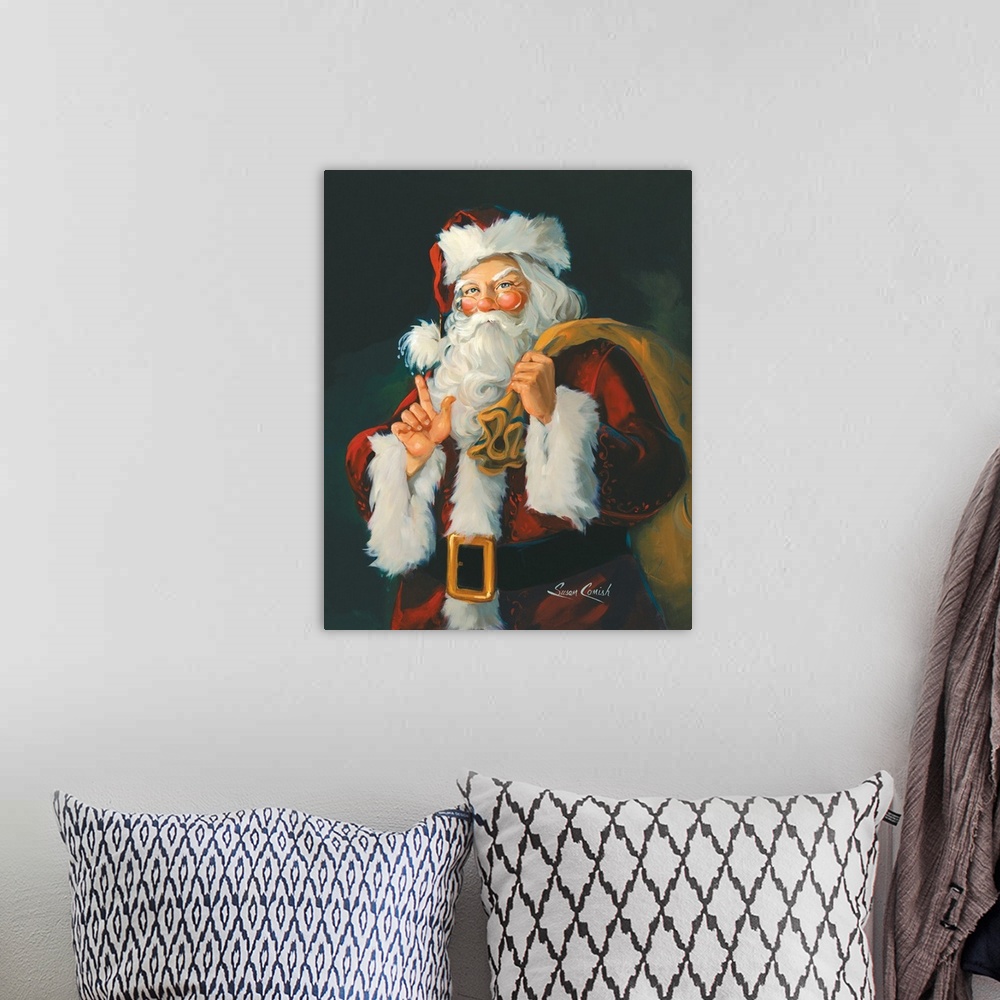 A bohemian room featuring Painting of Santa holding a bag of toys.