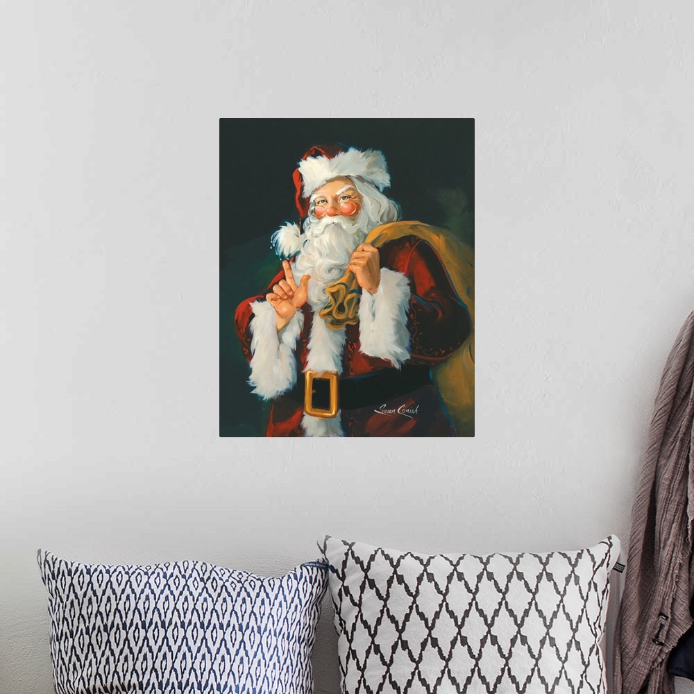 A bohemian room featuring Painting of Santa holding a bag of toys.