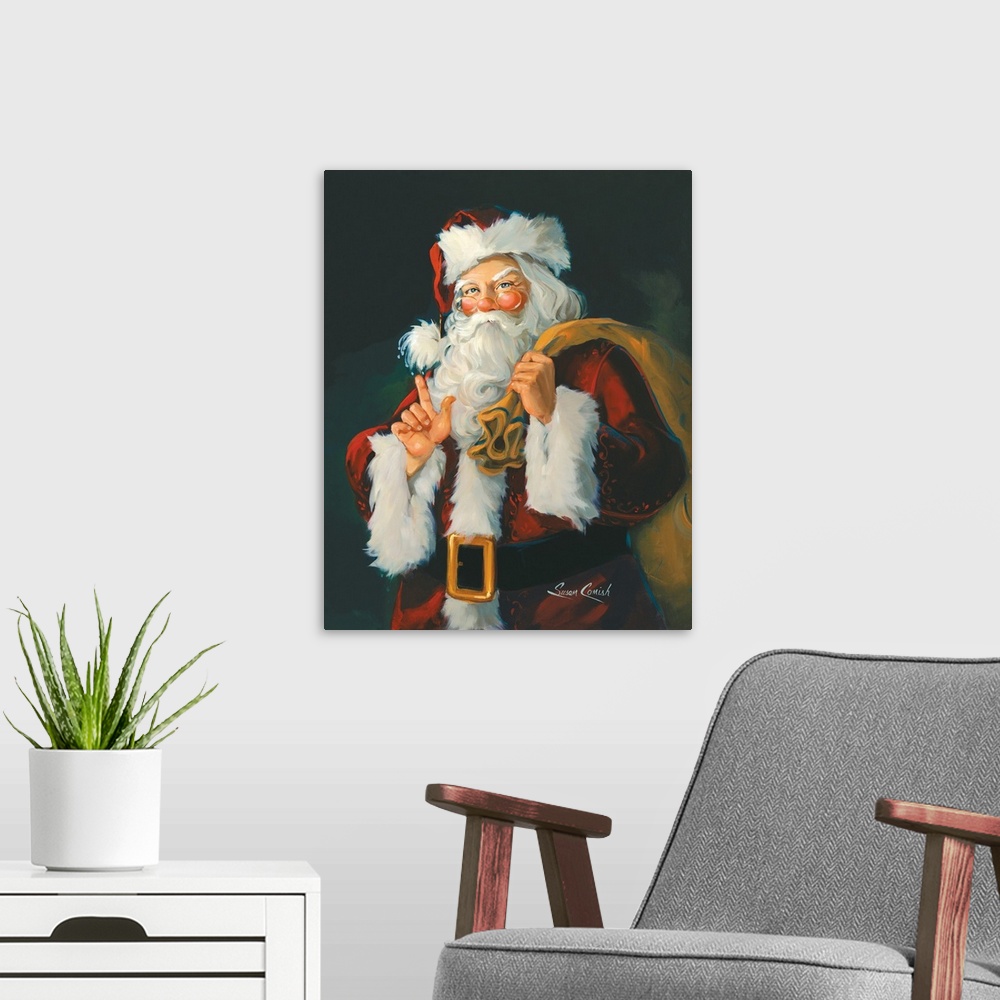 A modern room featuring Painting of Santa holding a bag of toys.