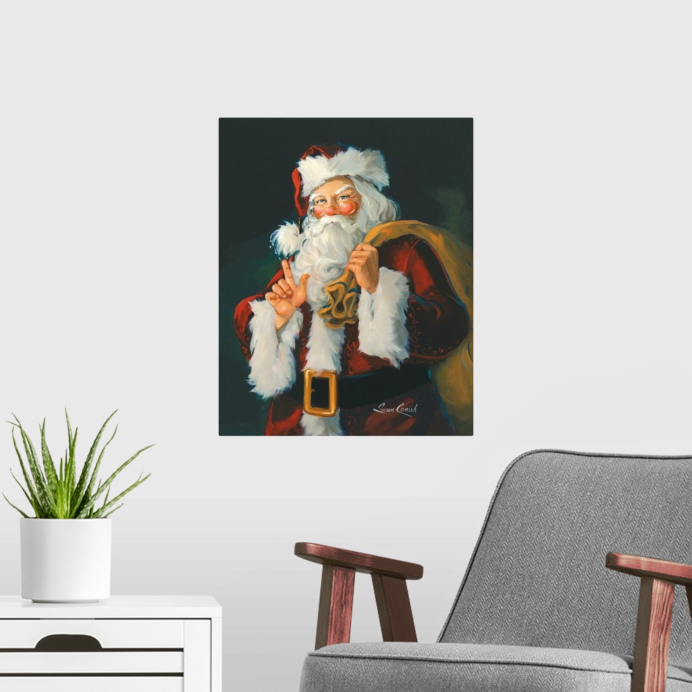 A modern room featuring Painting of Santa holding a bag of toys.