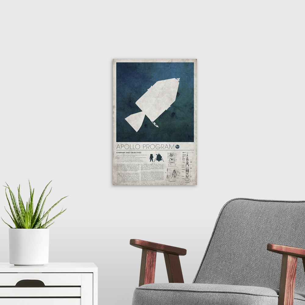 A modern room featuring A large vertical poster of the Apollo Program with an article on the bottom part and an illustrat...