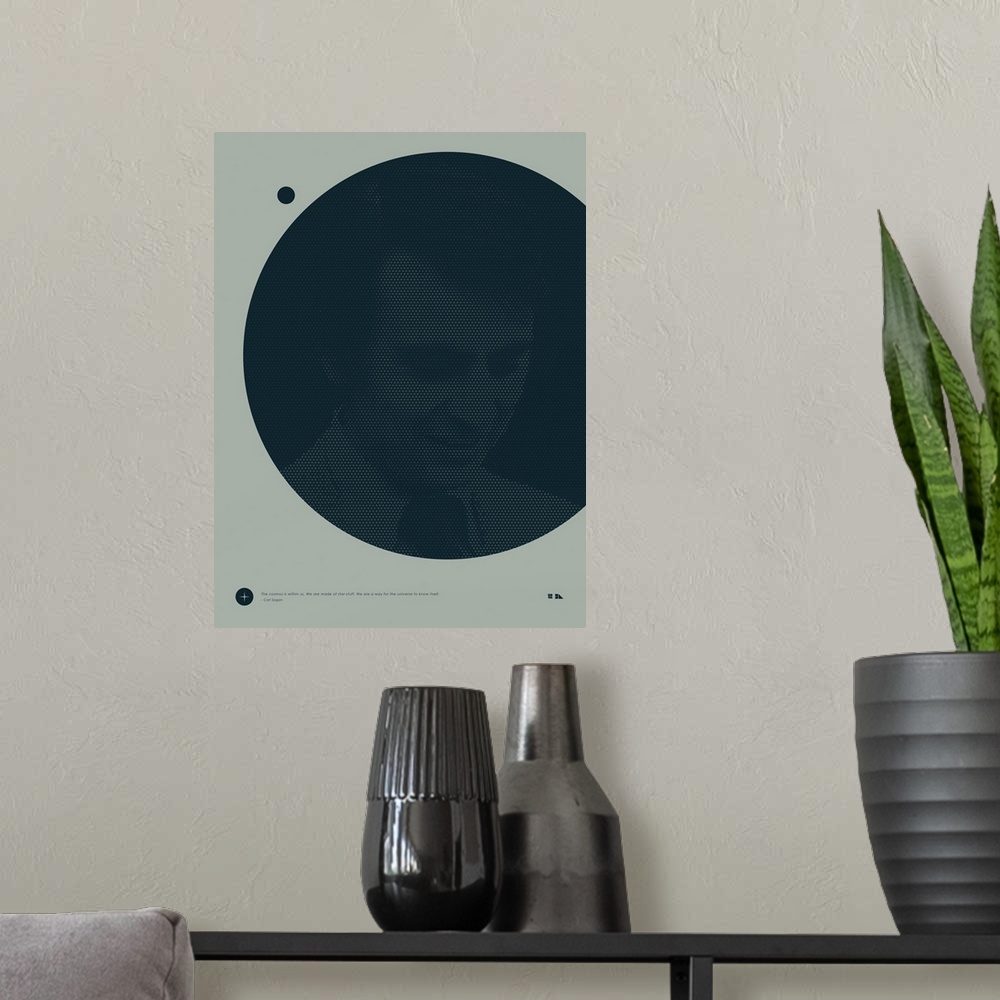 A modern room featuring Graphic poster of Carl Sagan inspired by the great minds of science and those that are able to se...