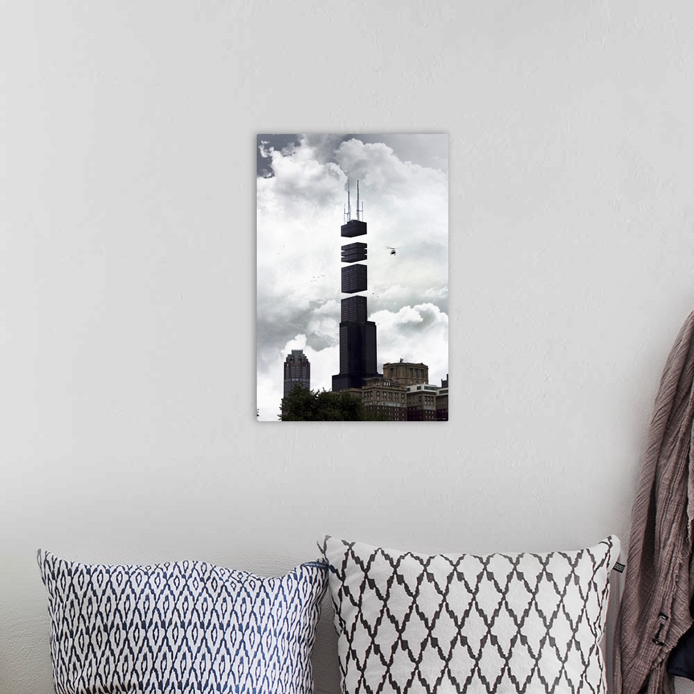 A bohemian room featuring Large contemporary art includes a photograph of a landmark skyscraper in Chicago, Illinois that h...
