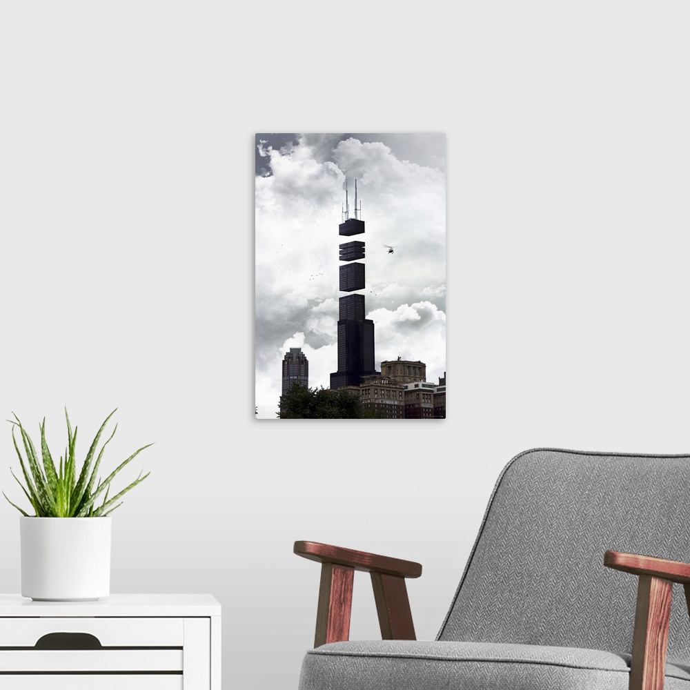 A modern room featuring Large contemporary art includes a photograph of a landmark skyscraper in Chicago, Illinois that h...