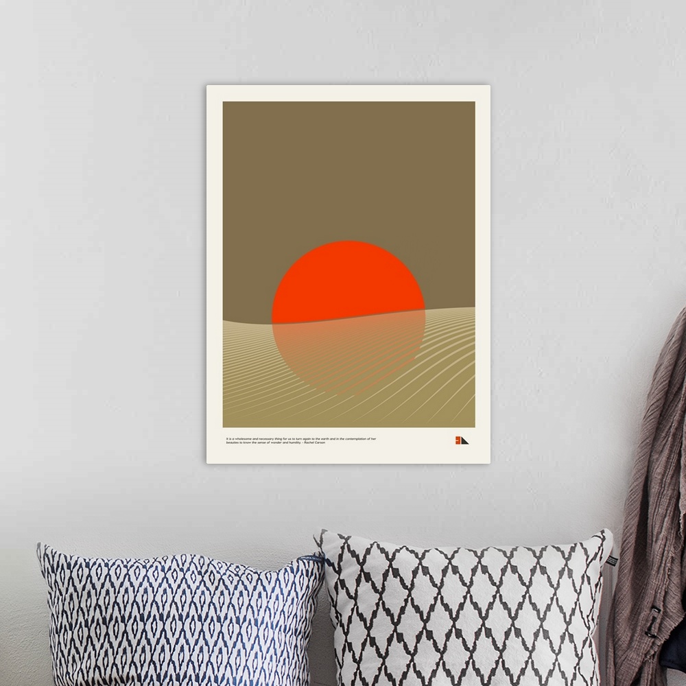 A bohemian room featuring Modern graphic poster representing a desert landscape with the quote "It is a wholesome and neces...