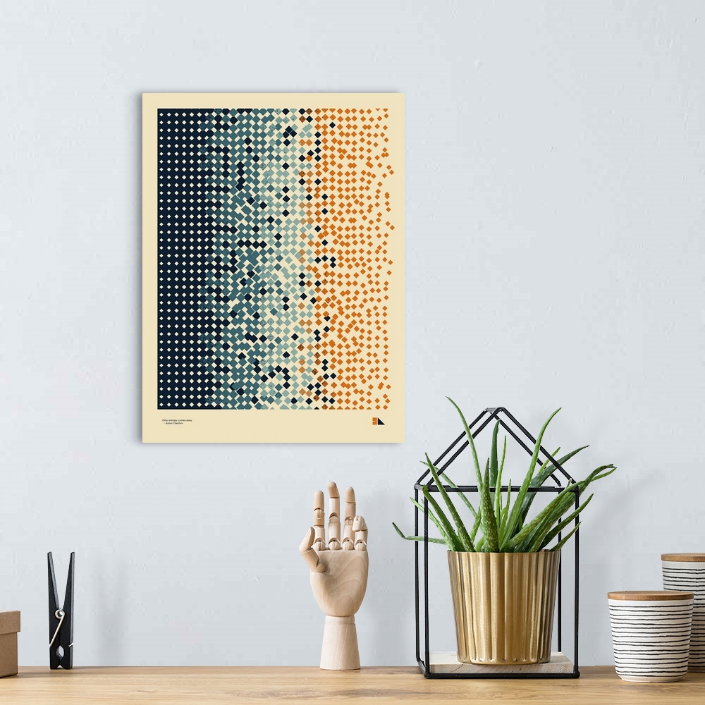 A bohemian room featuring Graphic poster representing entropy made up of orange and blue squares. Quote on the bottom reads...