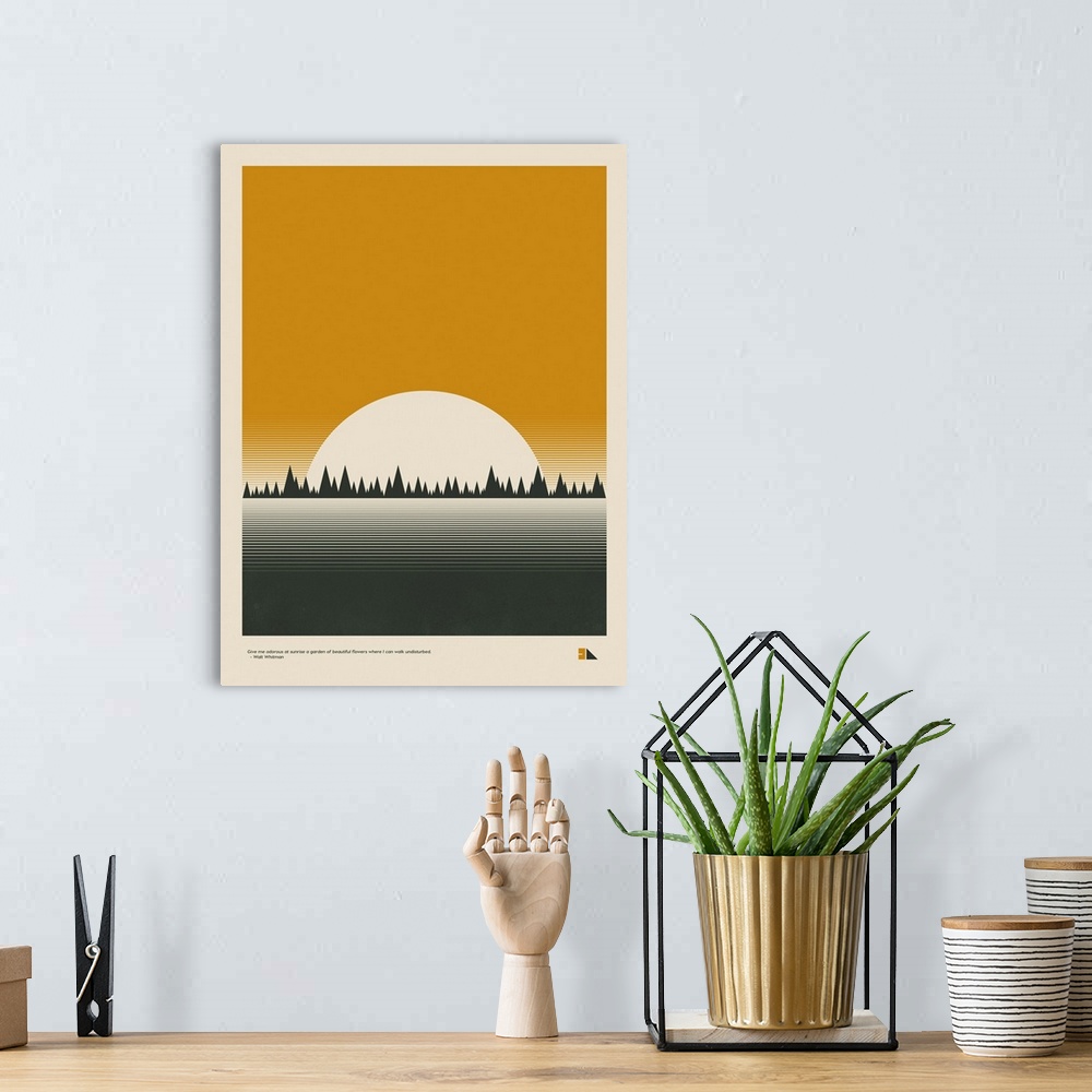 A bohemian room featuring Modern graphic poster representing a forest landscape with the quote "Give me odorous at sunrise ...