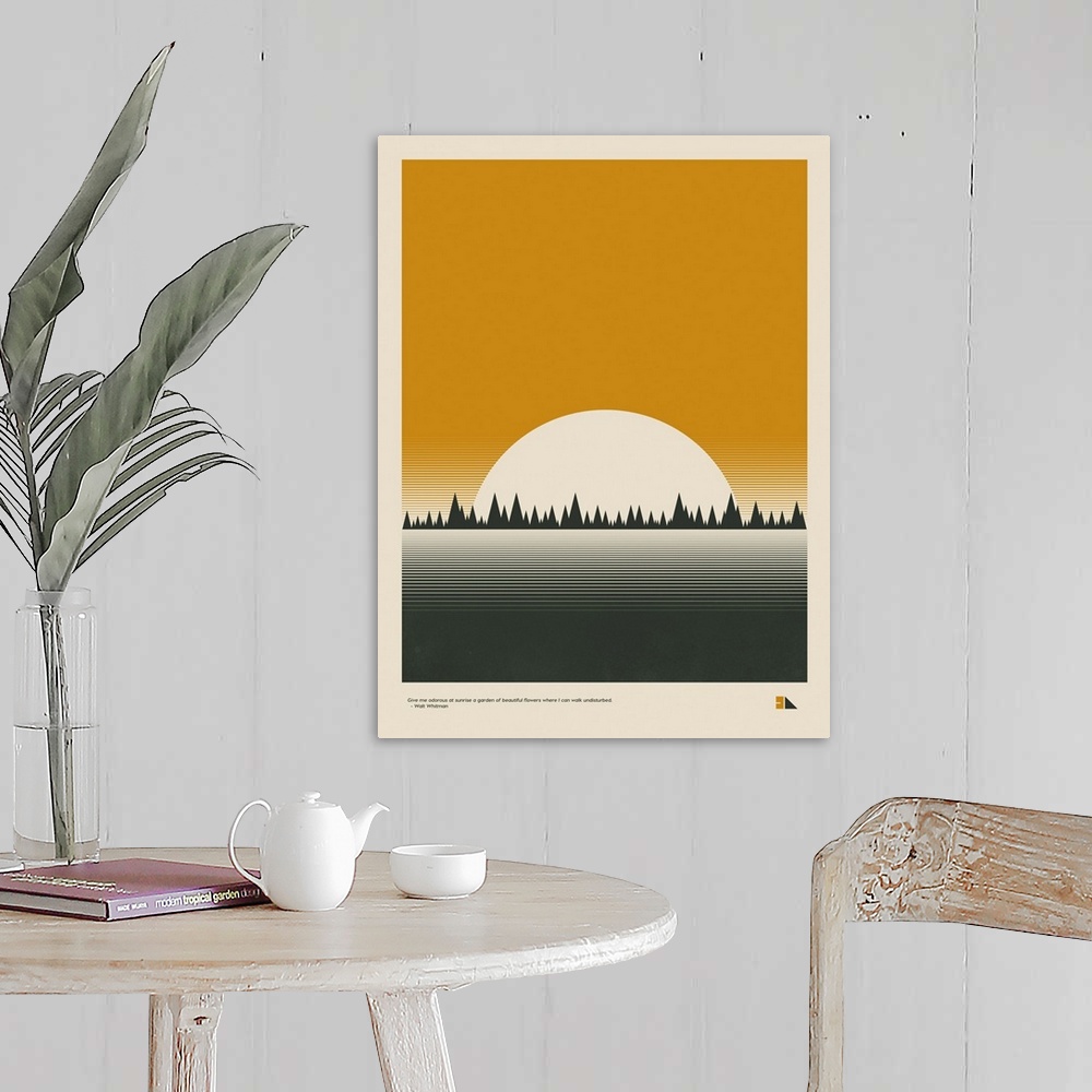 A farmhouse room featuring Modern graphic poster representing a forest landscape with the quote "Give me odorous at sunrise ...
