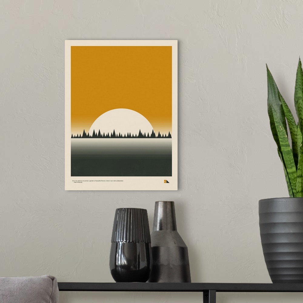 A modern room featuring Modern graphic poster representing a forest landscape with the quote "Give me odorous at sunrise ...