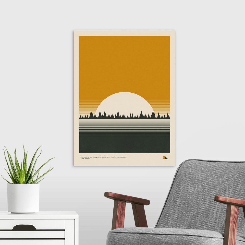 A modern room featuring Modern graphic poster representing a forest landscape with the quote "Give me odorous at sunrise ...