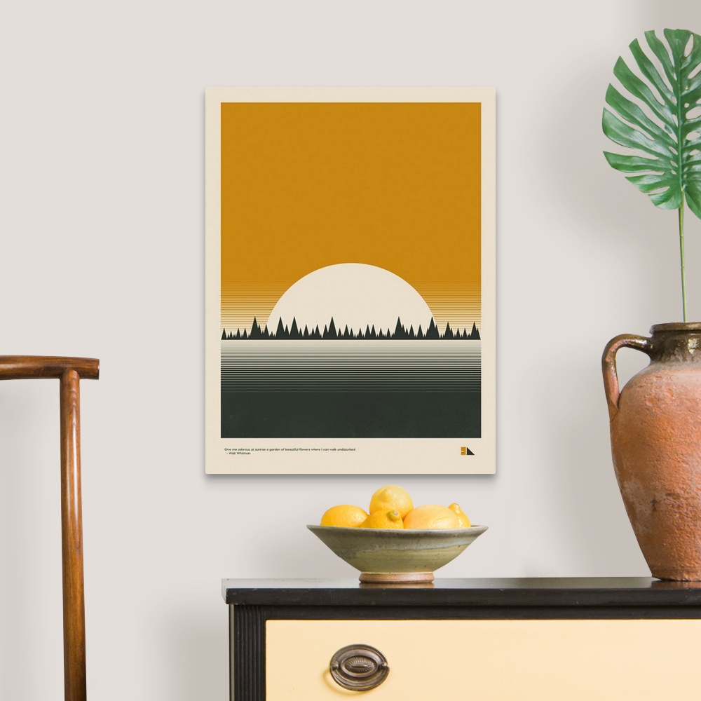 A traditional room featuring Modern graphic poster representing a forest landscape with the quote "Give me odorous at sunrise ...