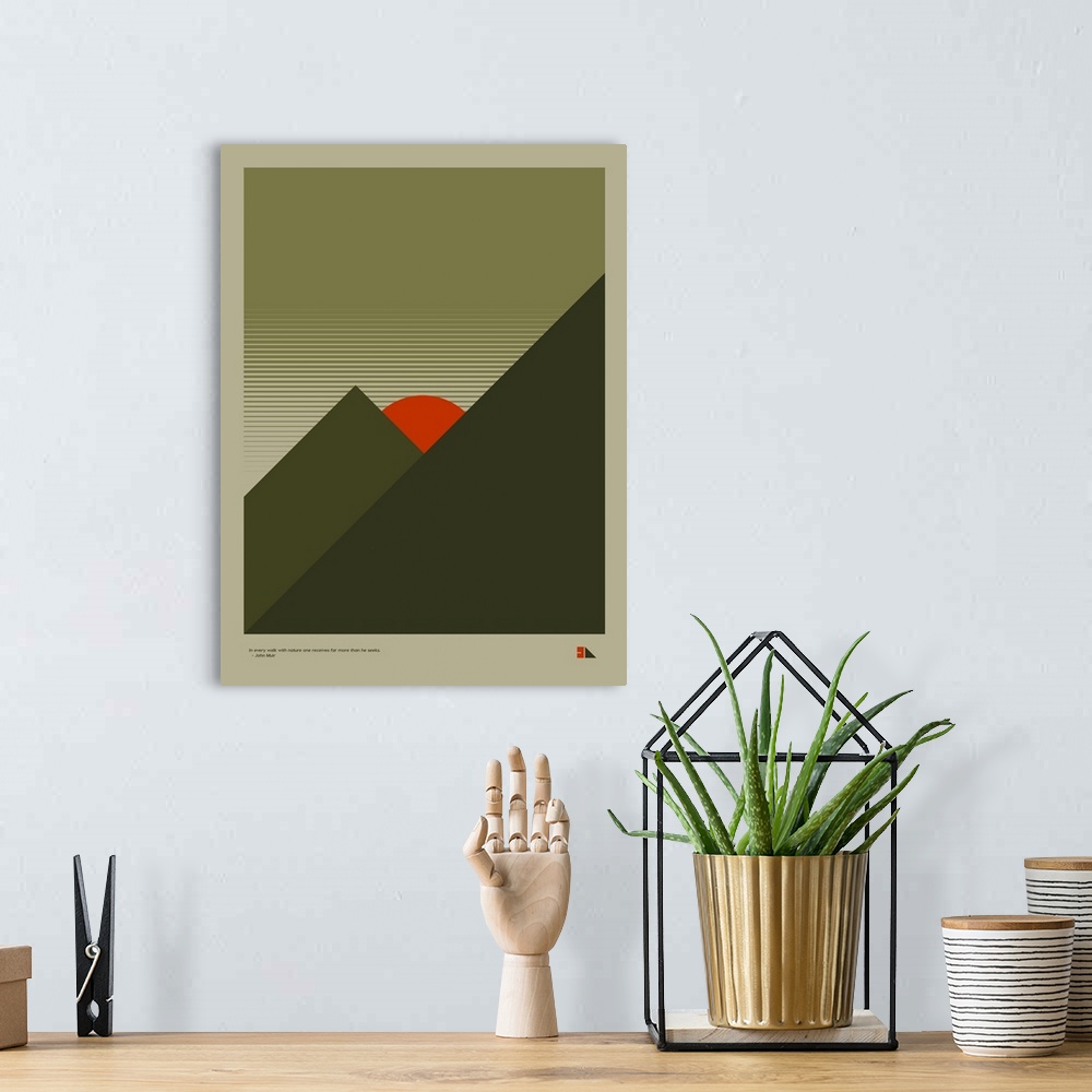 A bohemian room featuring Modern graphic poster representing a forest and mountain landscape with the quote "In every walk ...