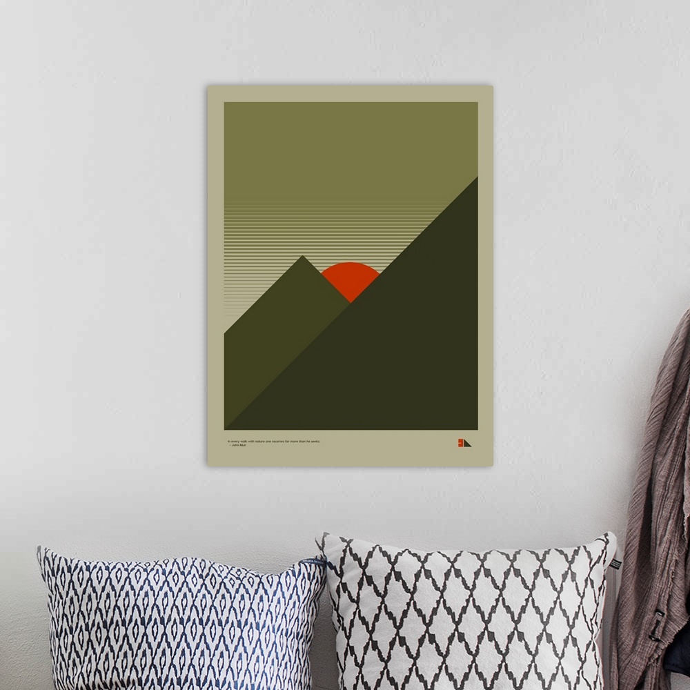 A bohemian room featuring Modern graphic poster representing a forest and mountain landscape with the quote "In every walk ...