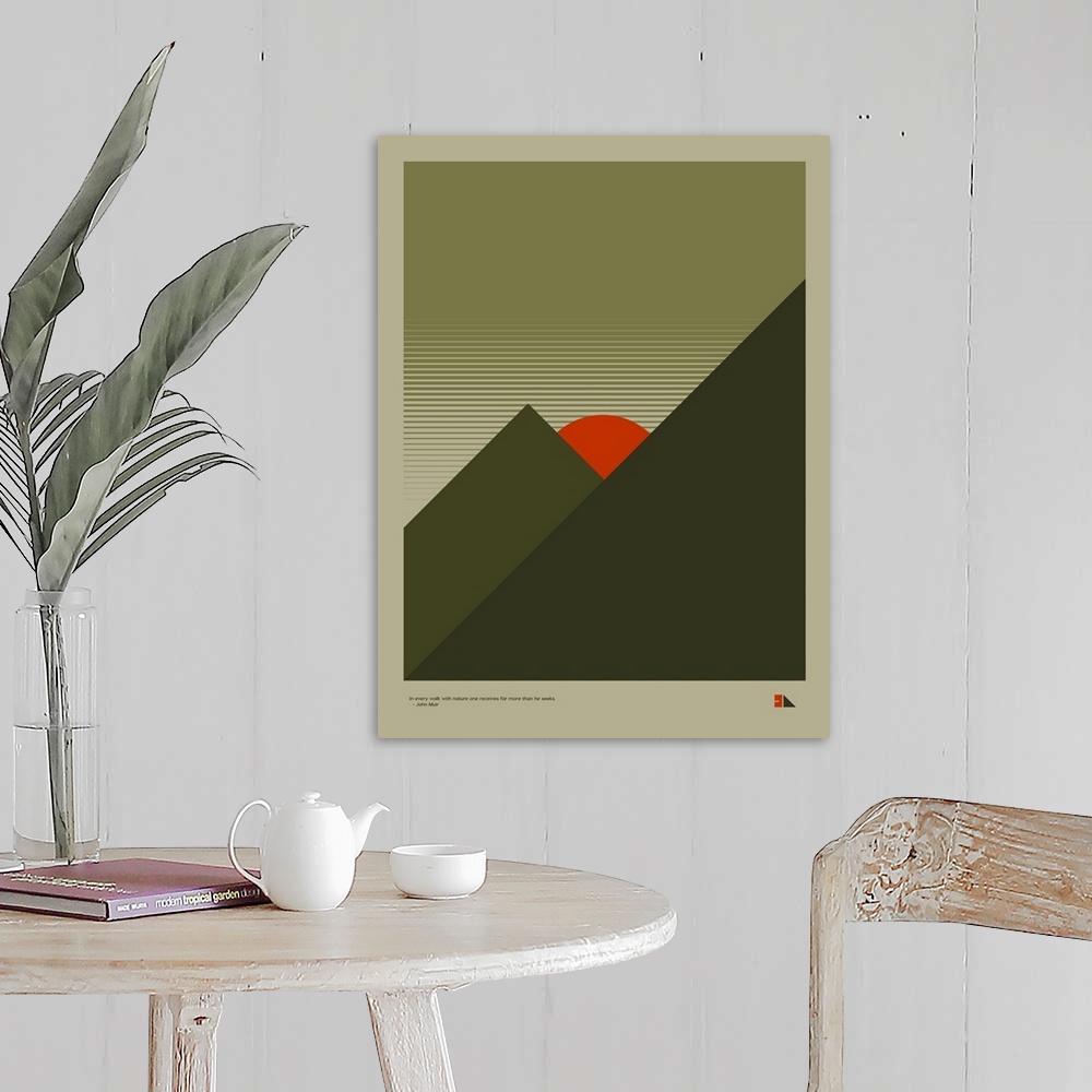 A farmhouse room featuring Modern graphic poster representing a forest and mountain landscape with the quote "In every walk ...