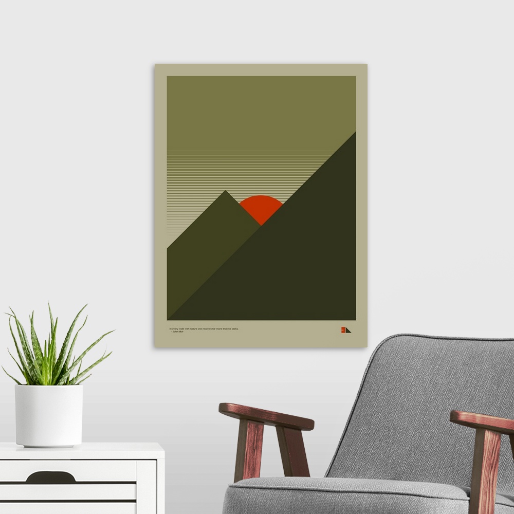 A modern room featuring Modern graphic poster representing a forest and mountain landscape with the quote "In every walk ...