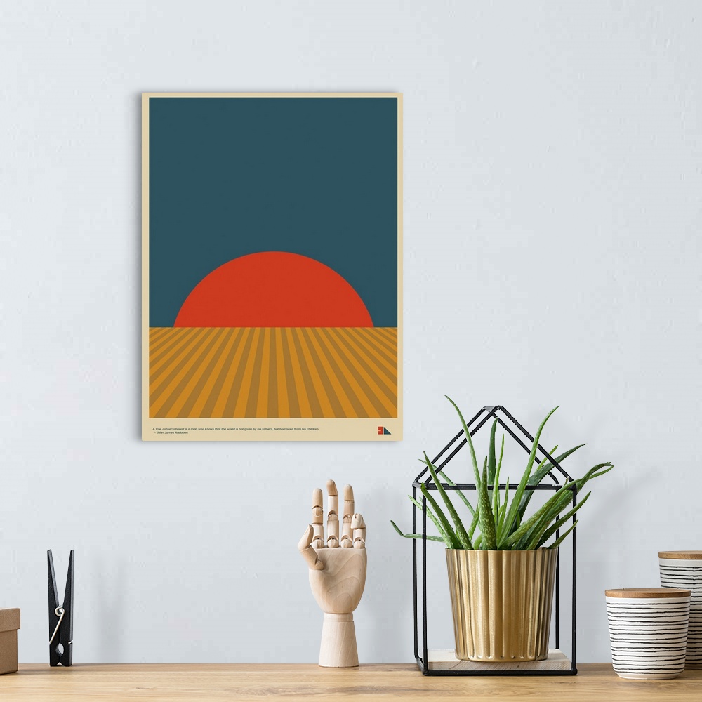 A bohemian room featuring Modern graphic poster representing a grain field landscape with the quote "A true conservationist...