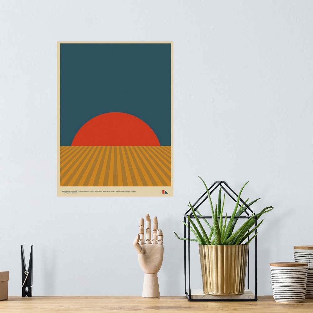 A bohemian room featuring Modern graphic poster representing a grain field landscape with the quote "A true conservationist...