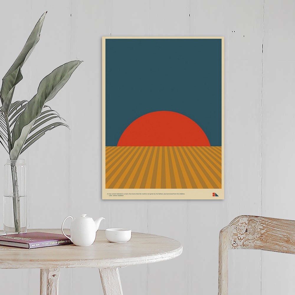 A farmhouse room featuring Modern graphic poster representing a grain field landscape with the quote "A true conservationist...