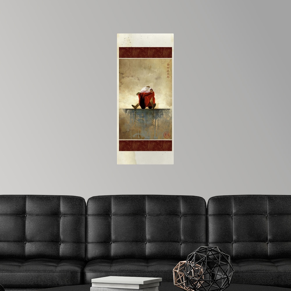 A modern room featuring Panoramic illustration of a vintage document with Asian script in the top right hand corner and a...