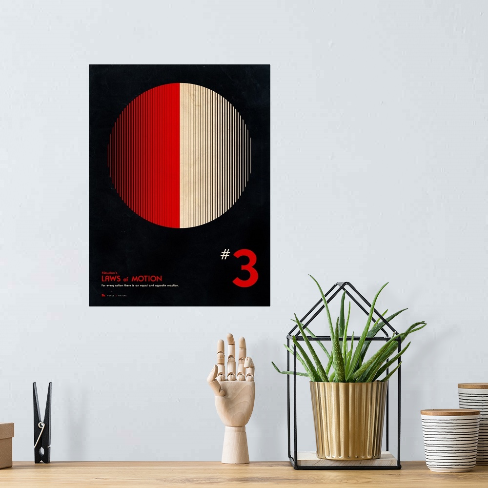 A bohemian room featuring Educational graphic poster with facts about the third law of motion.