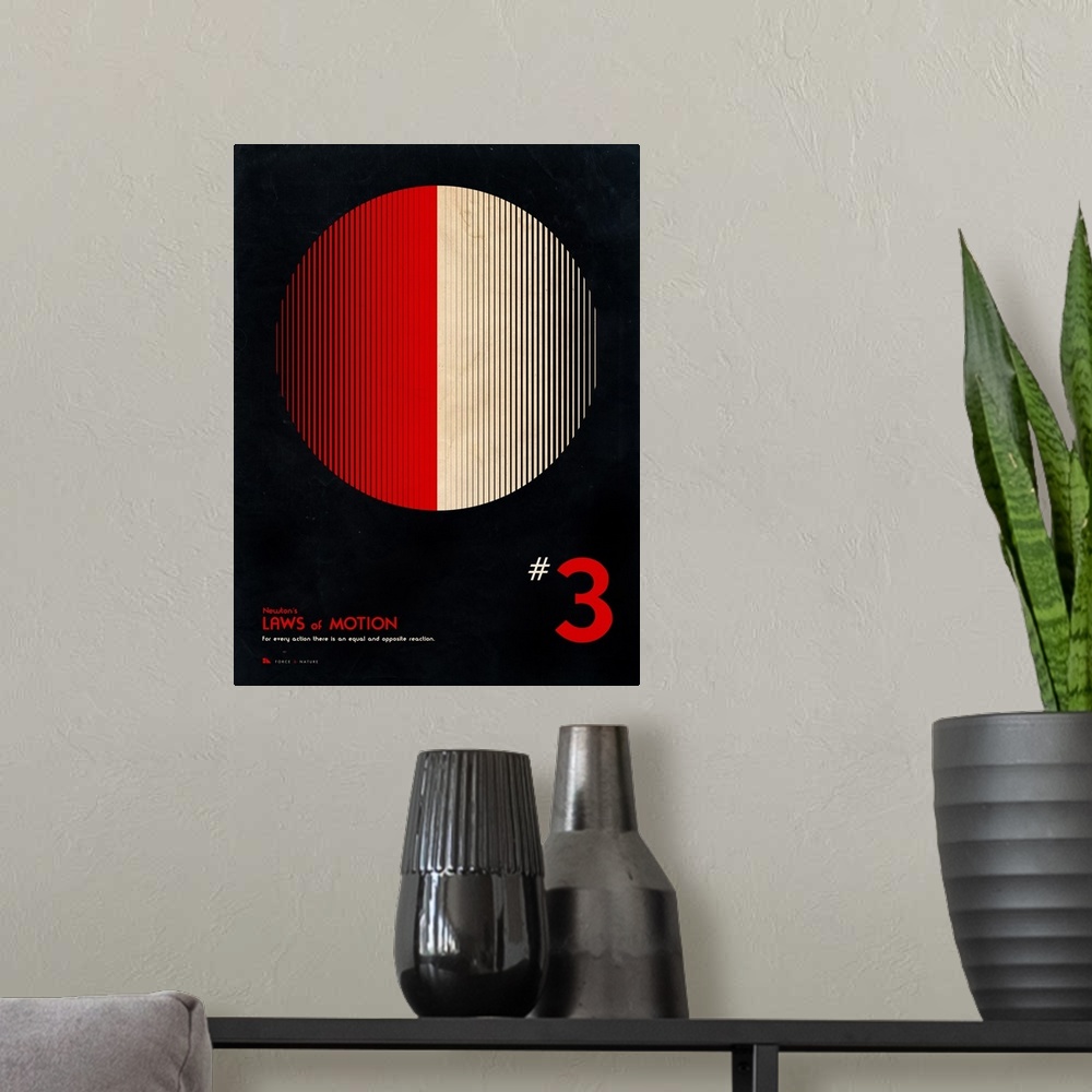 A modern room featuring Educational graphic poster with facts about the third law of motion.
