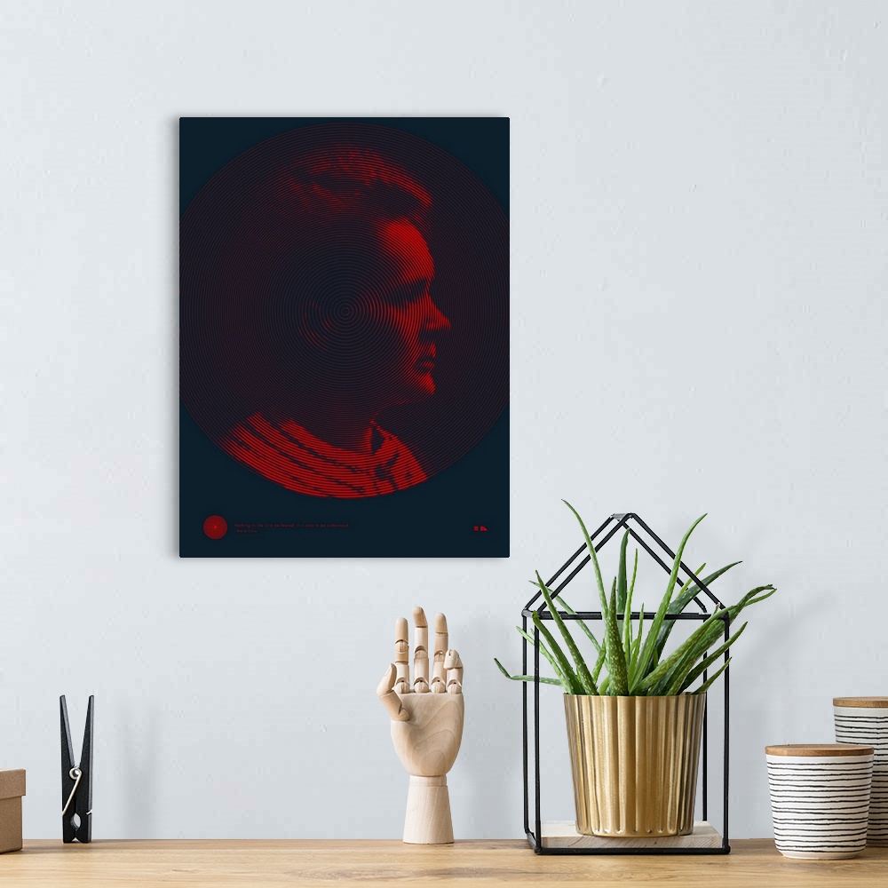 A bohemian room featuring Graphic poster of Marie Curie inspired by the great minds of science and those that are able to s...