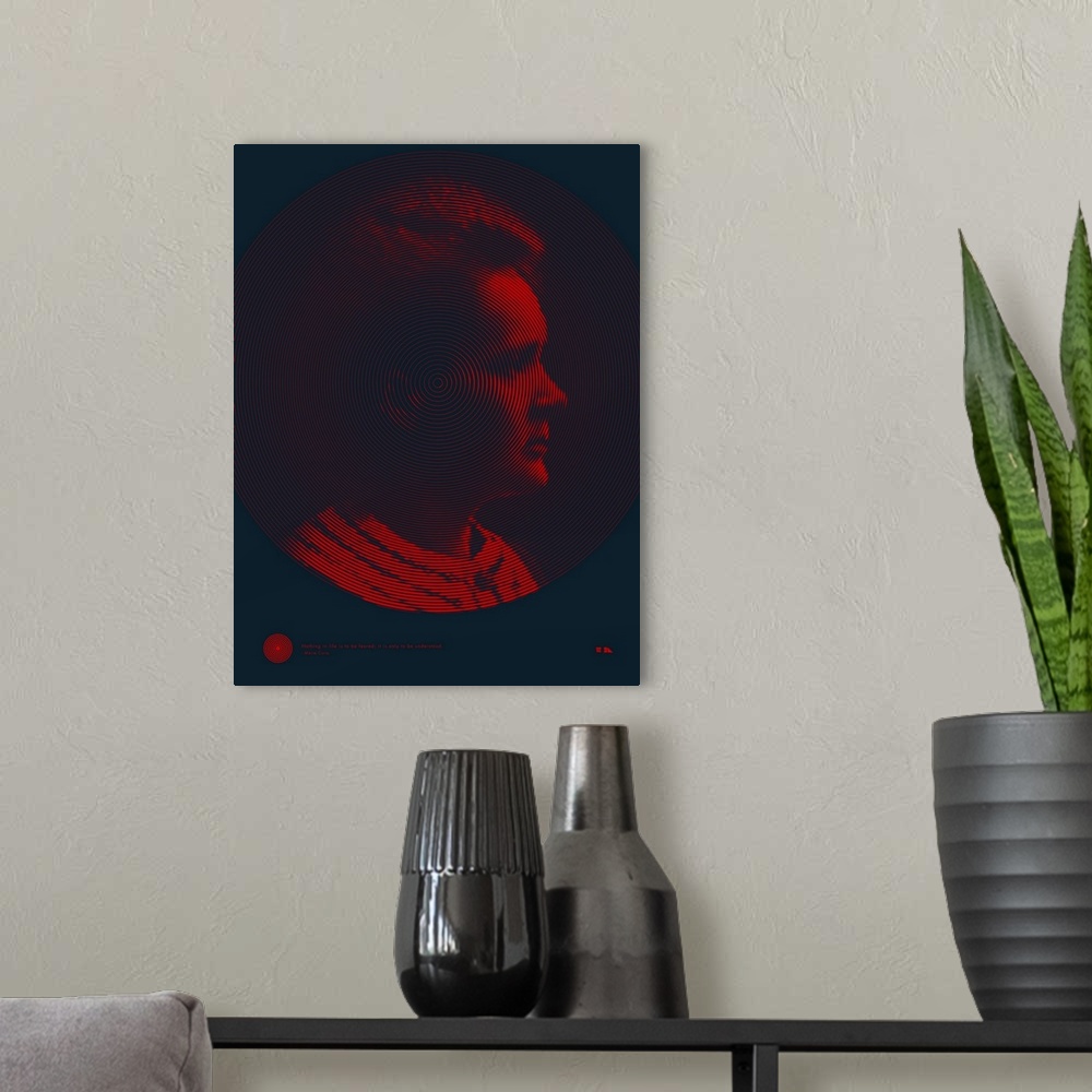 A modern room featuring Graphic poster of Marie Curie inspired by the great minds of science and those that are able to s...