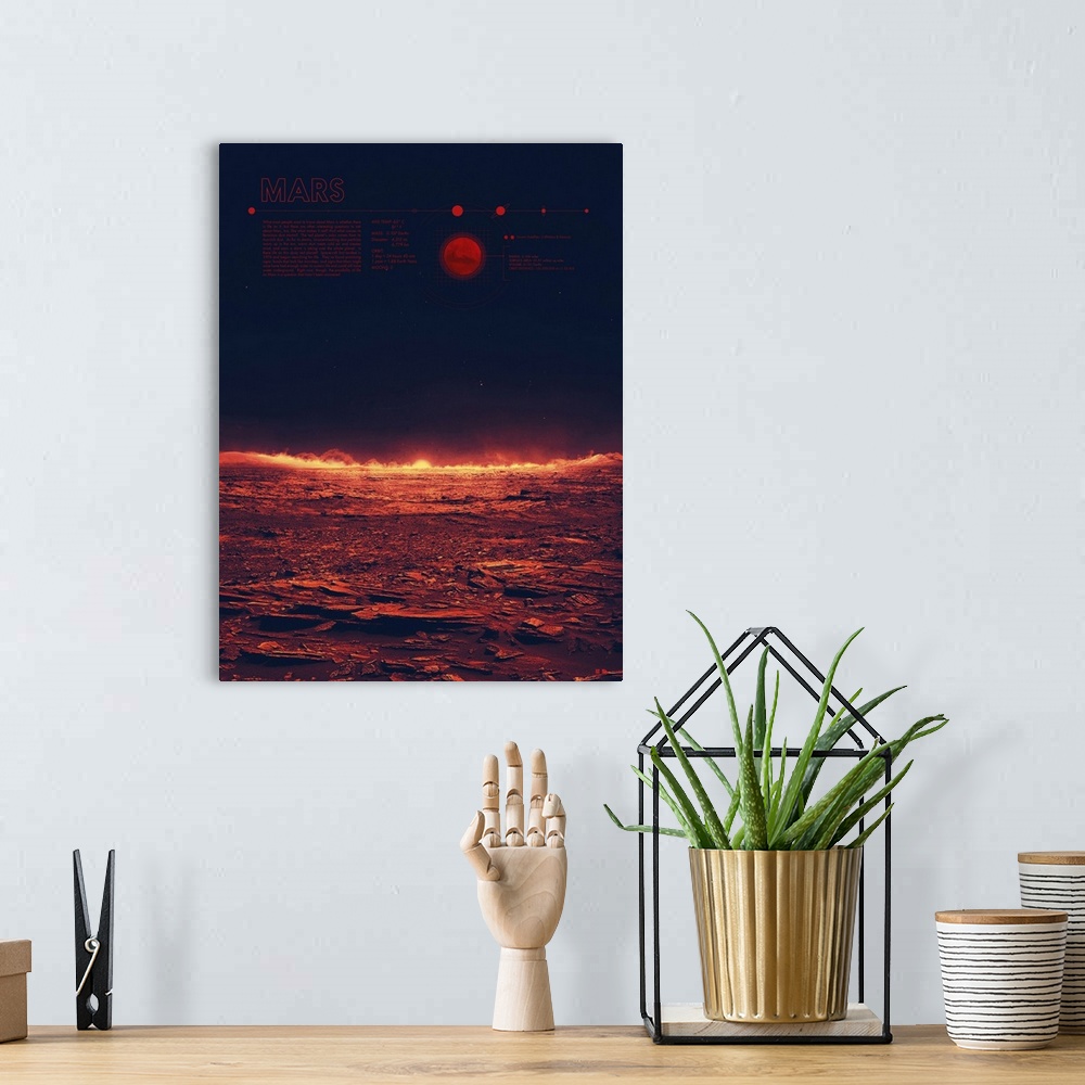 A bohemian room featuring Educational graphic poster of Mars with written facts at the bottom including average temperature...