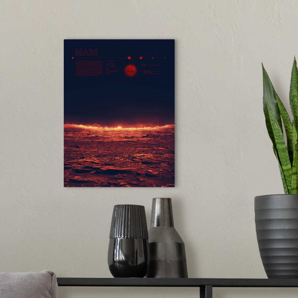 A modern room featuring Educational graphic poster of Mars with written facts at the bottom including average temperature...
